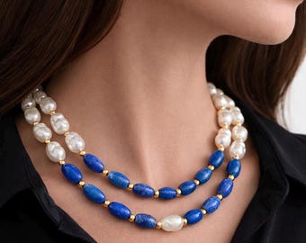 Lapis Lazuli Pearl Double Strand Necklace, Natural Gemstone Statement Jewelry