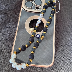 Personalized Beaded Phone Charm:Black And Gold Beads,Evil Eye Accent,Handmade
