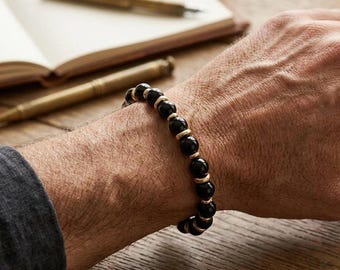 Men's Bracelet, Black Onyx Gemstone,Handmade Stretch Beaded Jewelry