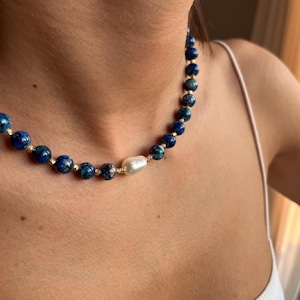 Lapis Lazuli Beaded Necklace With Baroque Pearl,Handmade Blue Gemstone Jewelry,Elegant Boho Necklace,Gift For Her