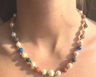 Handmade Pearl Gemstone Necklace, Colorful Beaded Design