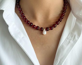 Red Carnelian Necklace With Baroque Pearl:Chunky Carnelian Choker,Handmade Statement Jewelry Gift