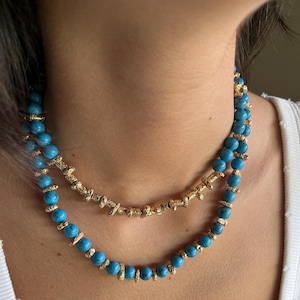 Turquoise Beaded Necklace: Handmade Gold Accent Boho Jewelry