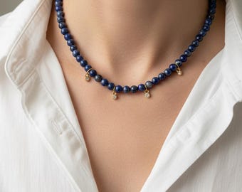 Elegant Lapis Lazuli Beaded Necklace With Crystals,Handmade Minimal Jewelry Gift
