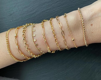 Conjunto de pulsera de cadena chapada en oro de 18 quilates, delicada para combinar con otras pulseras, acero inoxidable resistente al agua.