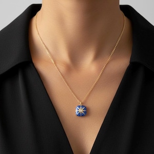 Blue Compass Locket Necklace:Gold Photo Pendant Keepsake