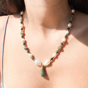 Handmade Jade & Pearl Necklace: Boho Spiritual Stone Jewelry