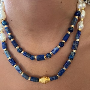 Handmade Lapis Lazuli Necklace - Elegant Gift for Her,Lapis Lazuli and Pearl Handmade Necklace