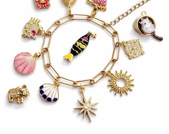Pulsera con dijes personalizados, latón chapado en oro, regalo de joyería personalizado