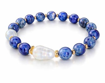 Lapis Lazuli Beaded Bracelet, Gold Accents, Men's bracelet