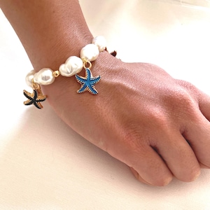 Customizable Pearl Charm Bracelet: Enamel Starfish, Beach Jewelry