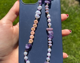 Personalized Quartz Phone Charm Strap: Custom Name Beaded Phone Accessory