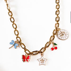 Custom Charm Necklace: Gold Plated Brass Charms, Natural Stone Chain