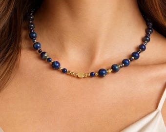 Lapis Lazuli Beaded Necklace With Gold Accents,Elegant Blue Gemstone Choker