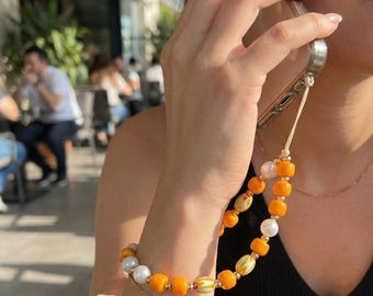 Orange Beaded Phone Wrist Strap, Pearl Phone Charm, Handmade Lanyard