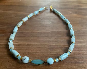 Handmade Aquamarine Beaded Necklace, Gold Accents, Gemstone Jewelry