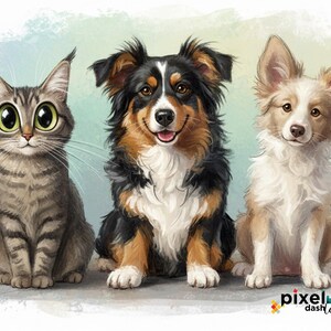 May include: An illustration of three friendly pets: a gray tabby cat with large green eyes, a black, brown, and white dog, and a brown and white dog. The pets are sitting and looking forward.