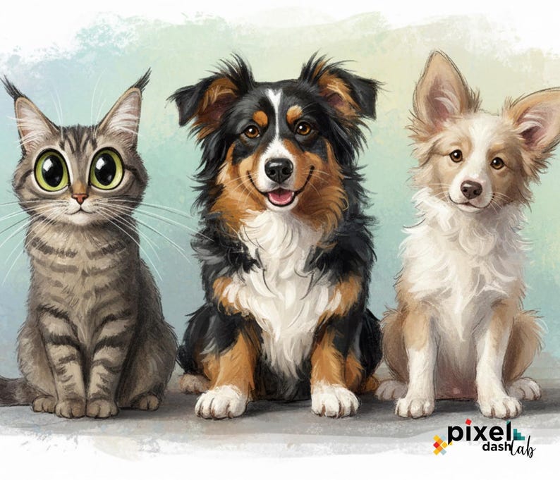 May include: An illustration of three friendly pets: a gray tabby cat with large green eyes, a black, brown, and white dog, and a brown and white dog. The pets are sitting and looking forward.