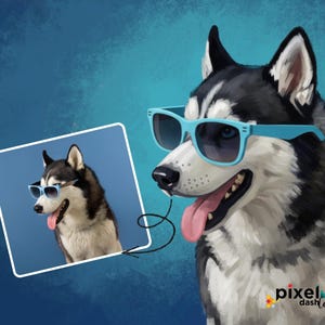 May include: Illustration of a Siberian Husky wearing light blue sunglasses, with a matching image in a square frame. The dog has black and white fur, blue eyes, and a pink tongue. The background is a gradient of blue.