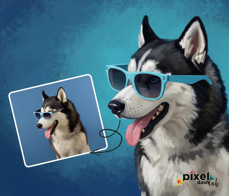 May include: Illustration of a Siberian Husky wearing light blue sunglasses, with a matching image in a square frame. The dog has black and white fur, blue eyes, and a pink tongue. The background is a gradient of blue.