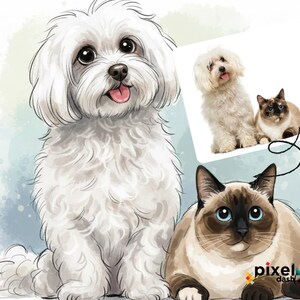 May include: An illustration of a white fluffy dog with a pink tongue, and a Siamese cat with blue eyes. A smaller image shows the dog and cat together. The background has blue and green watercolor effects.