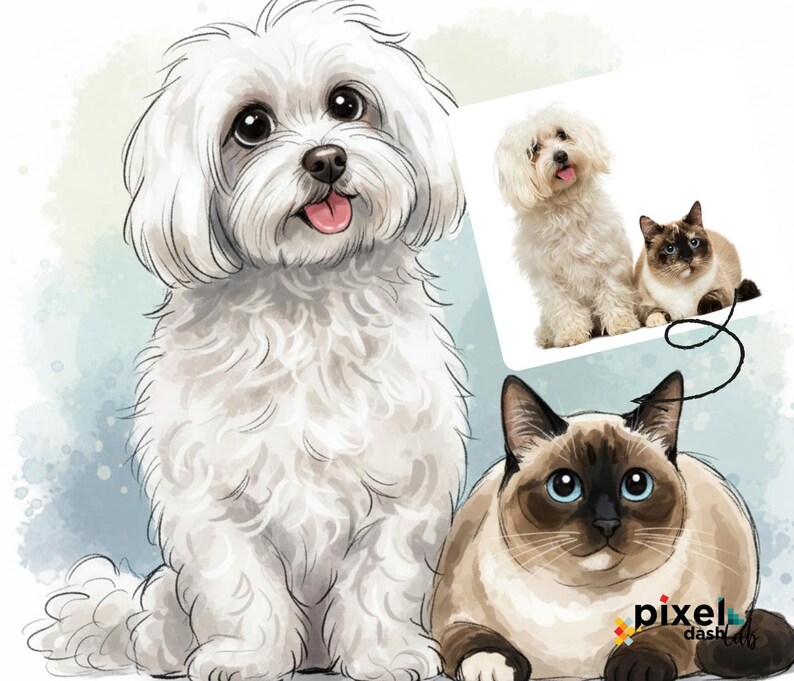 May include: An illustration of a white fluffy dog with a pink tongue, and a Siamese cat with blue eyes. A smaller image shows the dog and cat together. The background has blue and green watercolor effects.