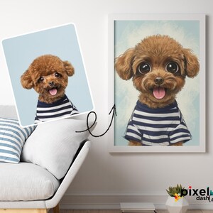 May include: A framed print and a photo of a brown toy poodle wearing a navy and white striped shirt. The artwork features the dog with large eyes and a happy expression. The photo is on a light blue background.