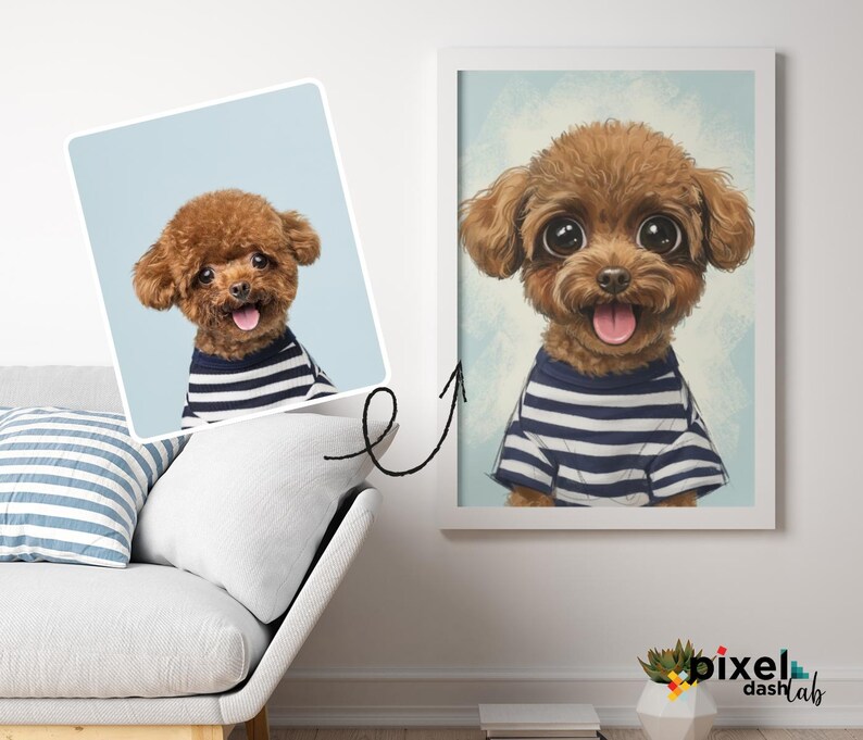 May include: A framed print and a photo of a brown toy poodle wearing a navy and white striped shirt. The artwork features the dog with large eyes and a happy expression. The photo is on a light blue background.