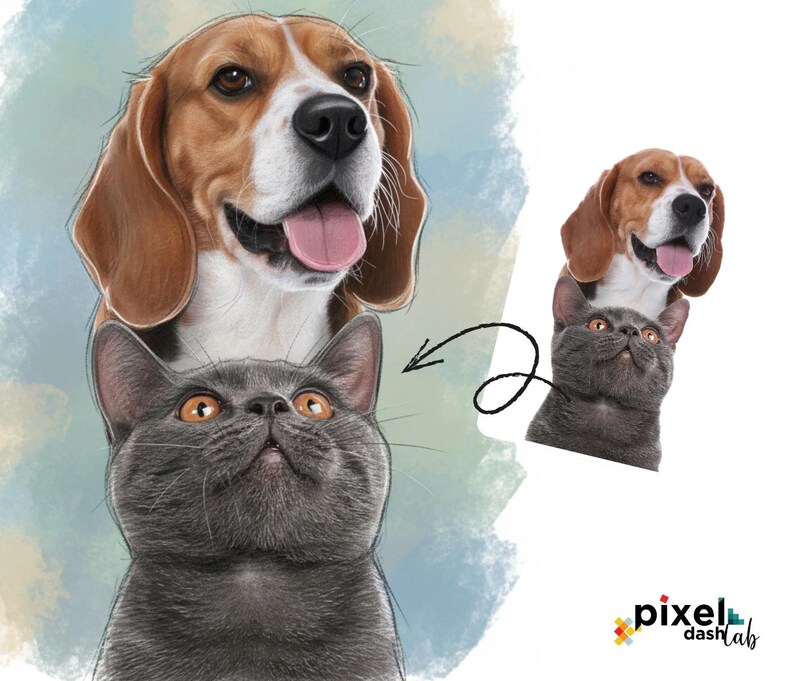 May include: Digital illustration of a beagle dog and a gray cat looking upwards. The beagle has brown and white fur, with its tongue out. The cat has orange eyes. A smaller version of the same image is on the right.