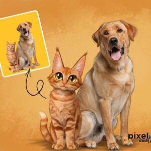 May include: Digital illustration of a golden Labrador Retriever and a ginger tabby cat, with a smaller image of the same pets in a yellow frame. The cat has large, expressive eyes. The background is a warm, orange-yellow color.