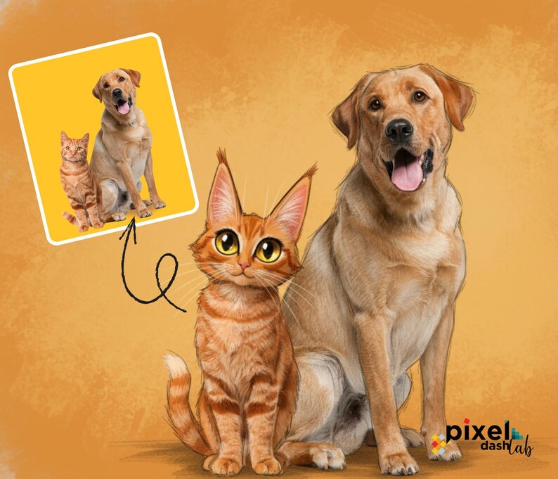 May include: Digital illustration of a golden Labrador Retriever and a ginger tabby cat, with a smaller image of the same pets in a yellow frame. The cat has large, expressive eyes. The background is a warm, orange-yellow color.