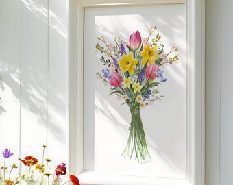 Spring Flower Bouquet Print: Floral Posie Art Illustration