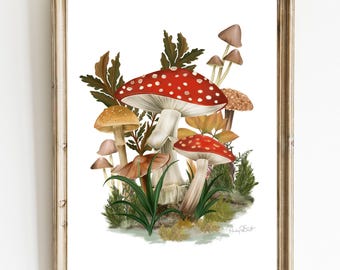 Mushroom Watercolor Art Print: Botanical Forest Illustration