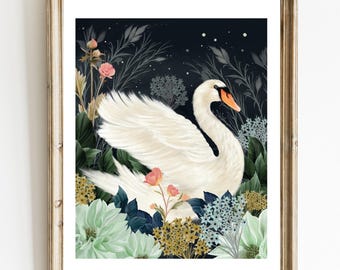 Swan Floral Art Print: Pond and Lake Bird Illustration