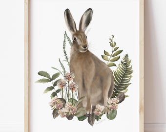 Hare Art Print: British Wild Animal Illustration, Floral Decor