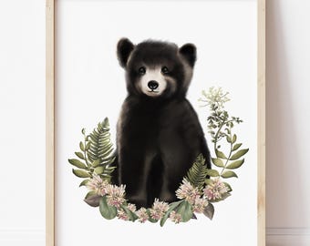 Baby Bear Art Print: Woodland Nursery Decor, Botanical Illustration