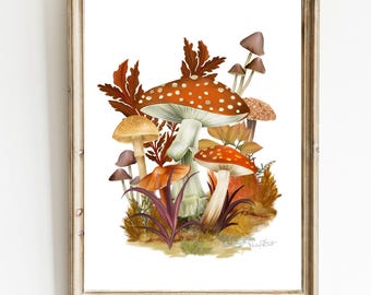 Mushroom Art Print: Autumn Fungi Watercolour Illustration