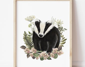 Badger Art Print: British Wildlife Illustration, Woodland Decor