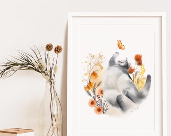 Grey Tabby Cat Art Print: Butterfly & Autumn Flowers