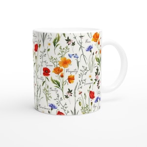 Floral Wildflower Botanical Mug, Ceramic Cup for Coffee, Tea and Gifts, Floriography Mug