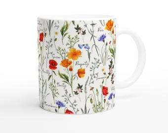 Floral Wildflower Botanical Mug, Ceramic Cup for Coffee, Tea and Gifts, Floriography Mug
