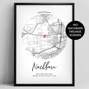 Personalisiertes Nachbarn-Poster – Stadtplan mit Koordinaten, Namen & Zeitspanne, Abschiedsgeschenk oder Erinnerung an Nachbarschaft
