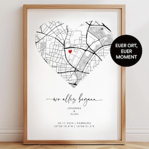 Stadtplan Herz-Poster – „Wo alles begann“ mit Koordinaten, Namen & Datum, personalisiertes Geschenk für Paare, Hochzeit, Jahrestag