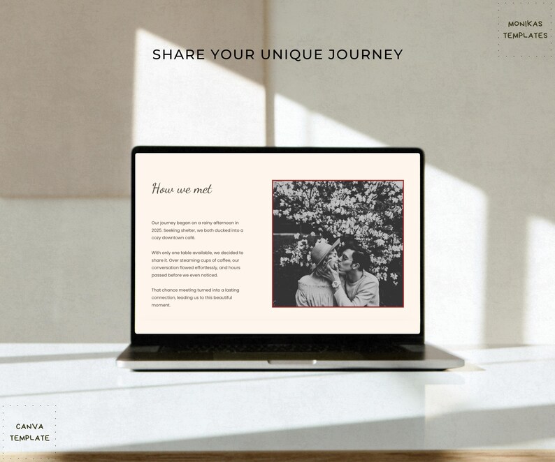 Wedding website 'How We Met' page featuring personalized love story text and vintage-inspired design.