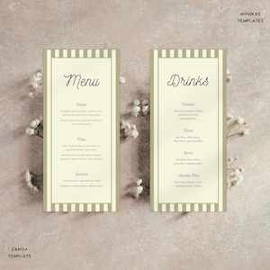 Grands modèles de menus et de bars de mariage méditerranéen - Modèles modifiables sur toile, rayures crème verte, téléchargement immédiat - MonikasTemplates