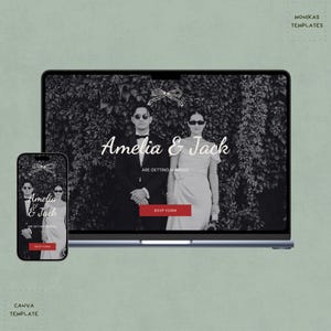 Vintage wedding website template displayed on desktop and mobile screens, showcasing black, white and red elegance and responsive design.