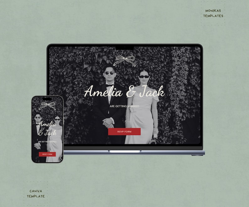 Vintage wedding website template displayed on desktop and mobile screens, showcasing black, white and red elegance and responsive design.