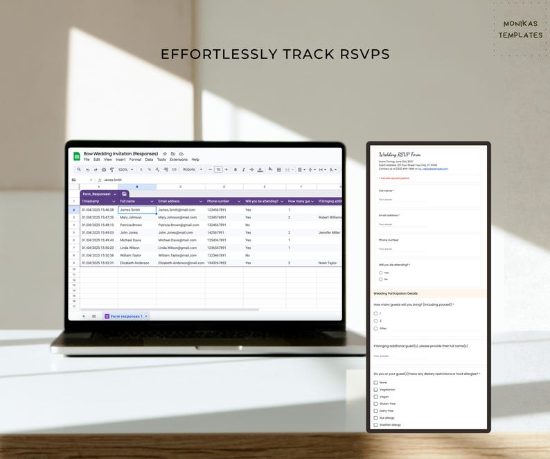 Google Form RSVP questionnaire and Excel sheet with guest responses for seamless wedding RSVP tracking.