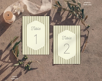 Mediterranean Wedding Table Numbers - Editable Canva Templates, Vintage Design with Beige & Green Stripes - By MonikasTemplates