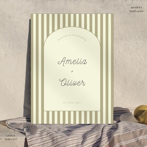 Mediterranean Wedding Welcome Sign Template - Editable Canva Design, Vintage Beige & Green Stripes - By MonikasTemplates